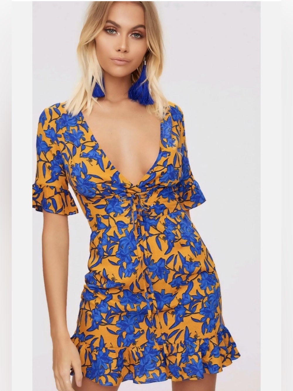 Pretty Little Things swing corset Ruffle dress Mustard & Royal Blue size 10